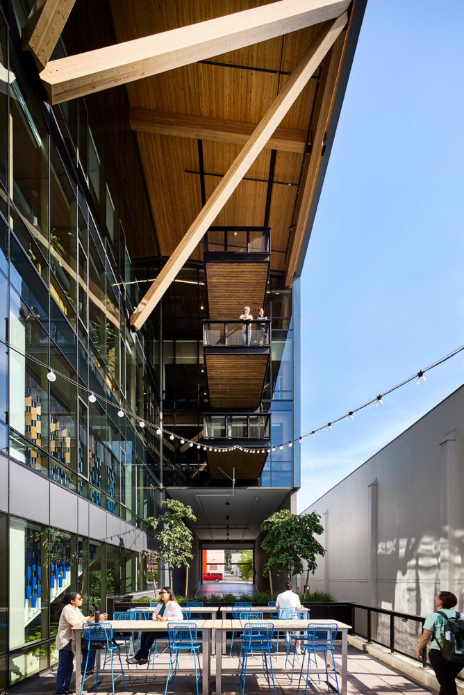 photo of the courtyard at 35 stone with timber beams above and string lights sprawling the deck
