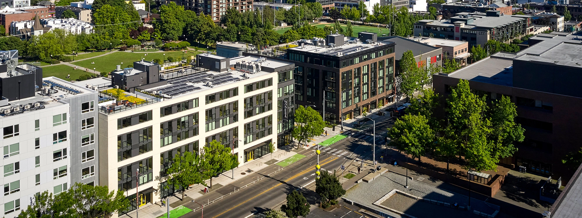 Aerial photo of Modera Broadway's two buildings in Capitol Hill Seattle