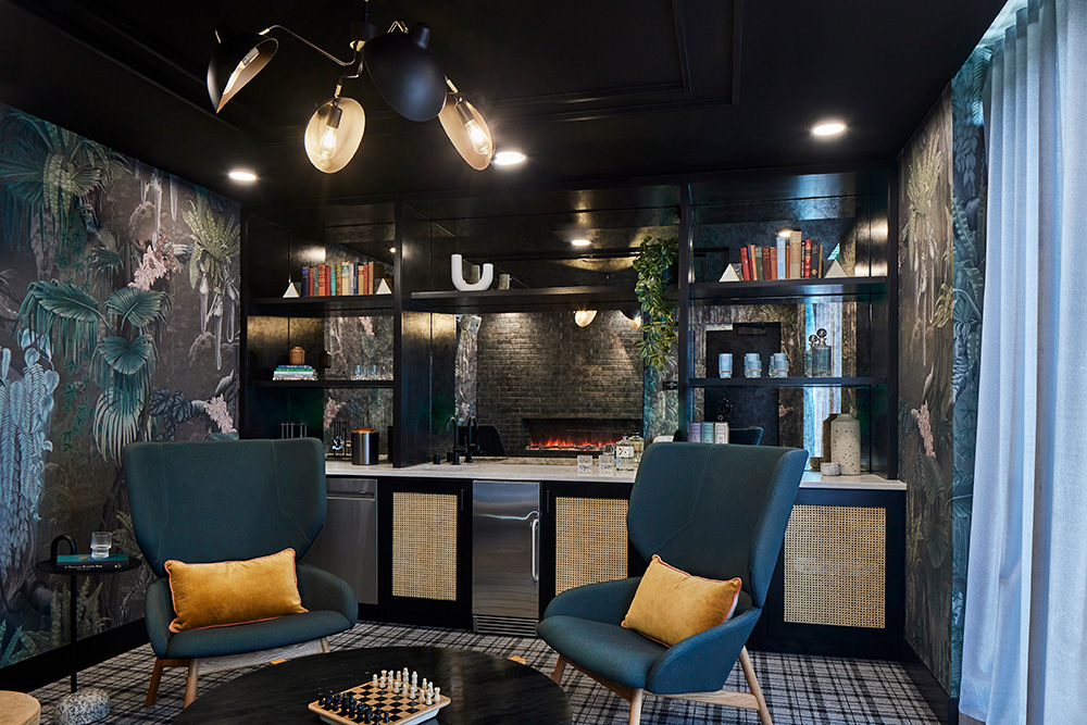 photo of the cozy speakeasy inside broadstone strata with moody lighting