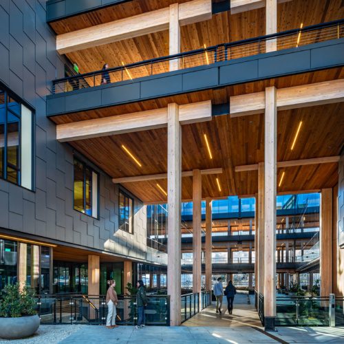 Photo of the entrance of Northlake Commons with towering timber columns