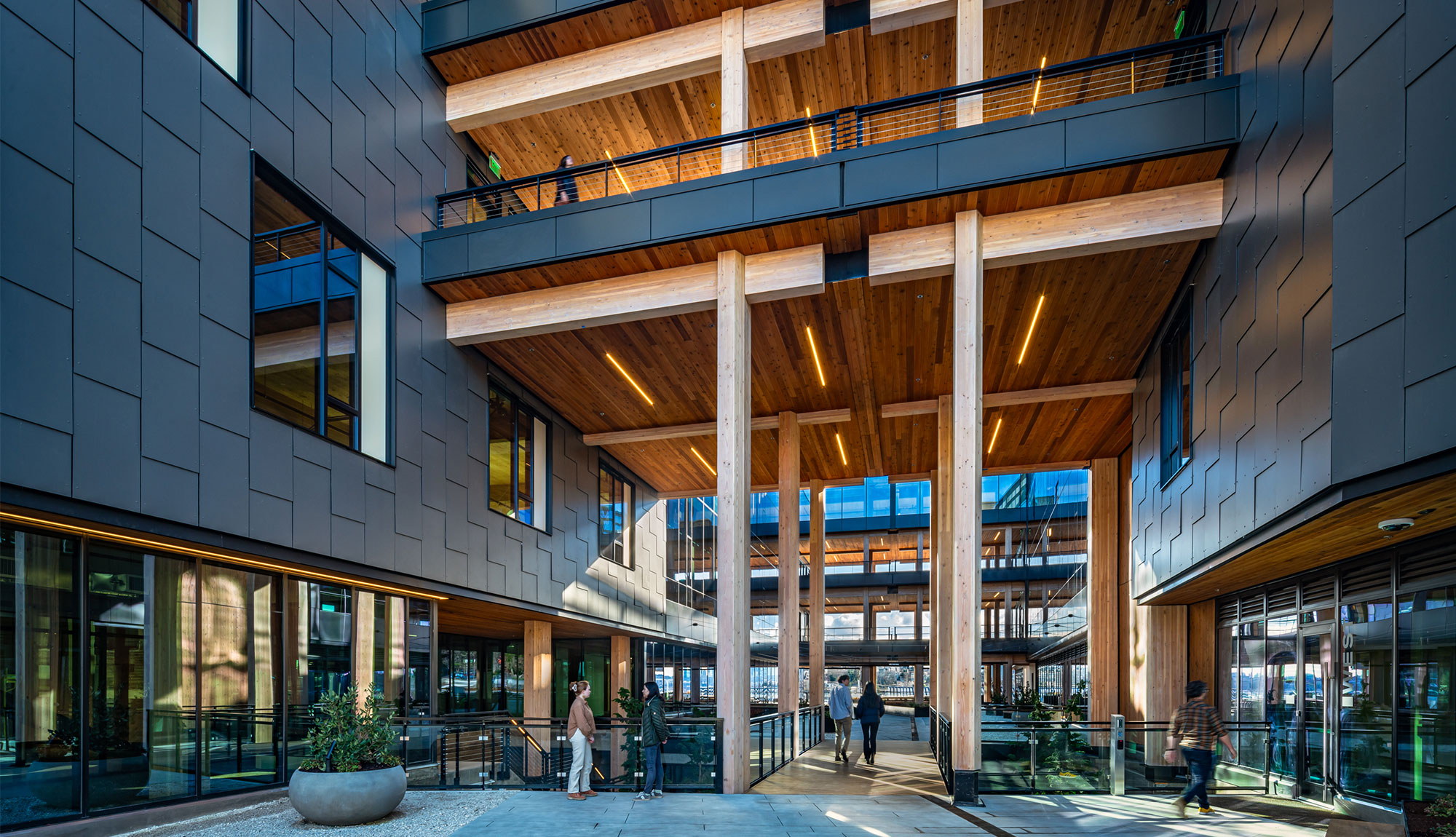 Photo of the entrance of Northlake Commons with towering timber columns