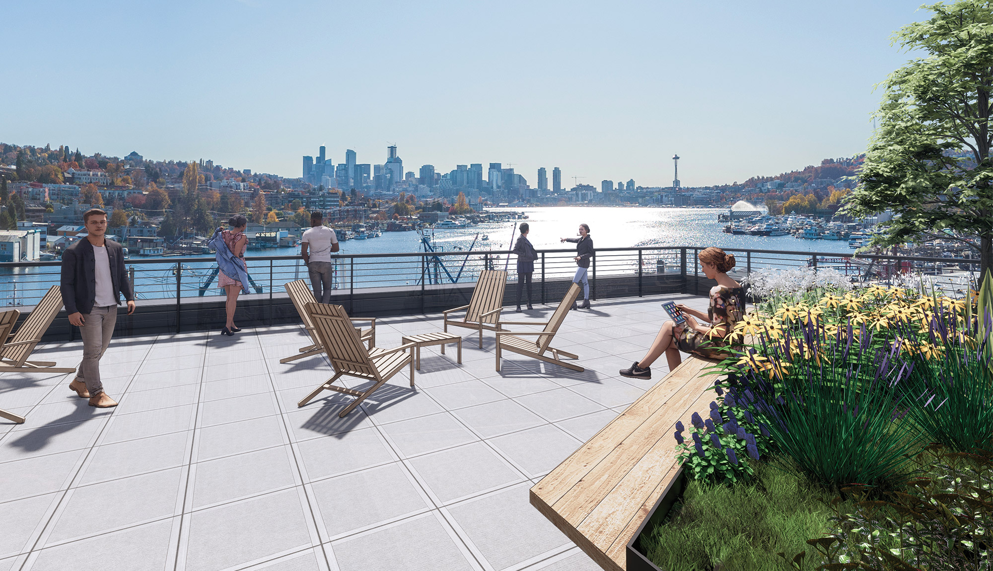 Rendering of the south terrace of Northlake Commons overlooking Lake Union