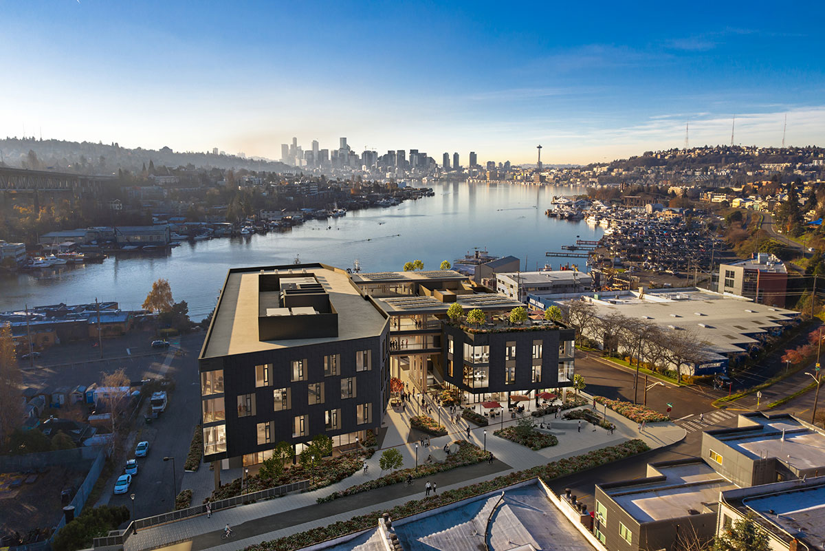 Rendering showing Northlake Commons in situ overlooking Lake Union and beyond to downtown Seattle.