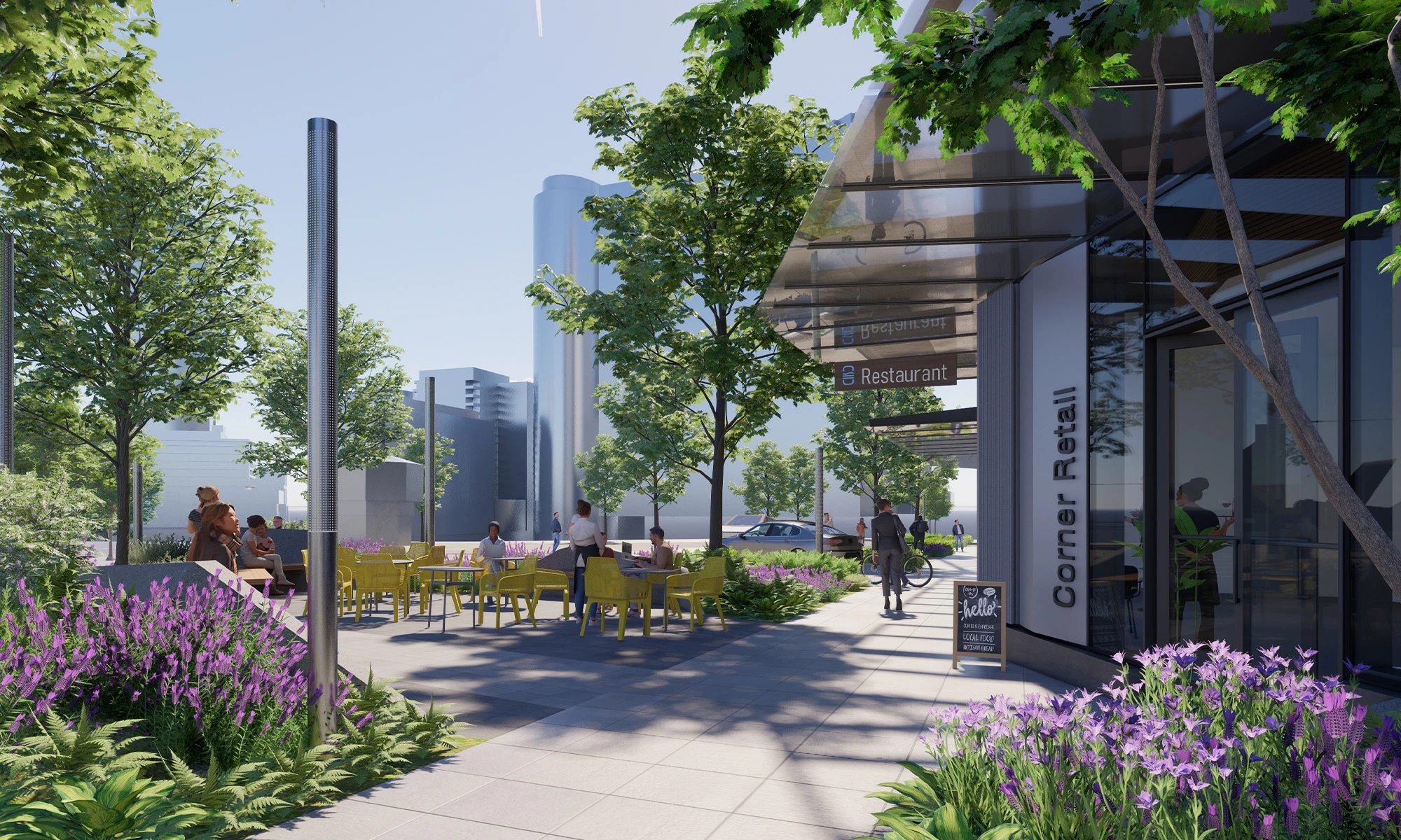 Rendering of 616 Battery at street level showcasing the landscape architecture