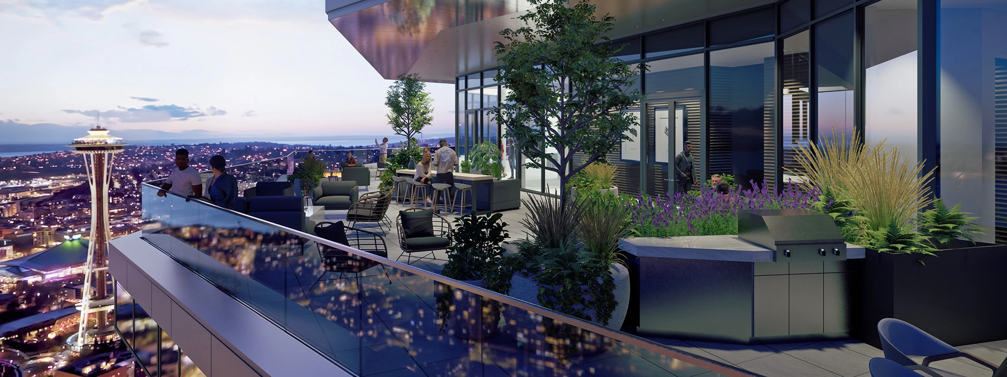 Rendering of the roofdeck at 616 Battery with the space needle in Seattle at dusk