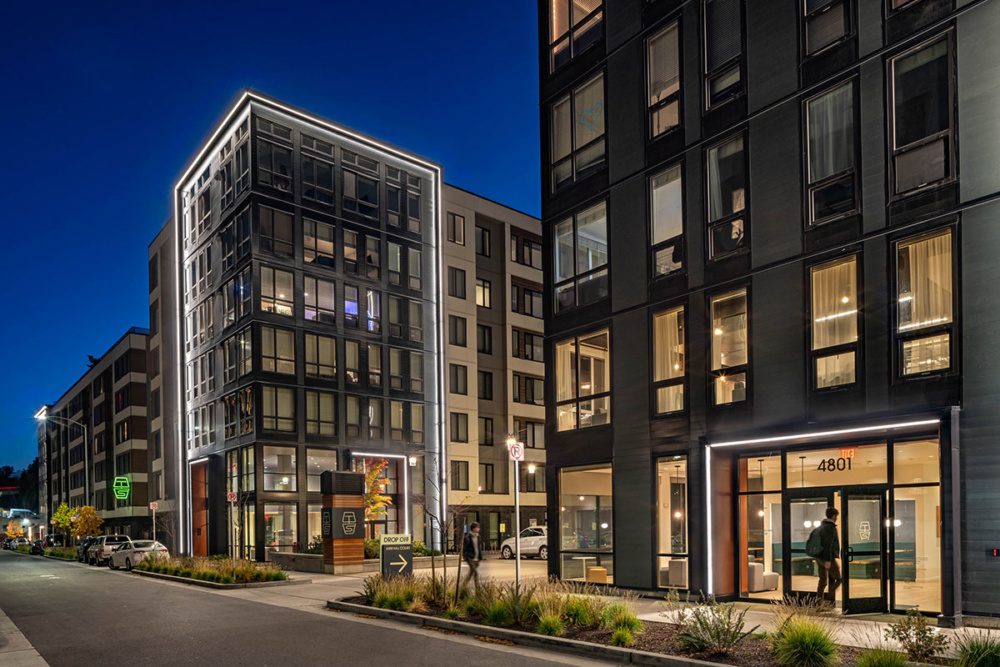 photo of trailside student housing at night