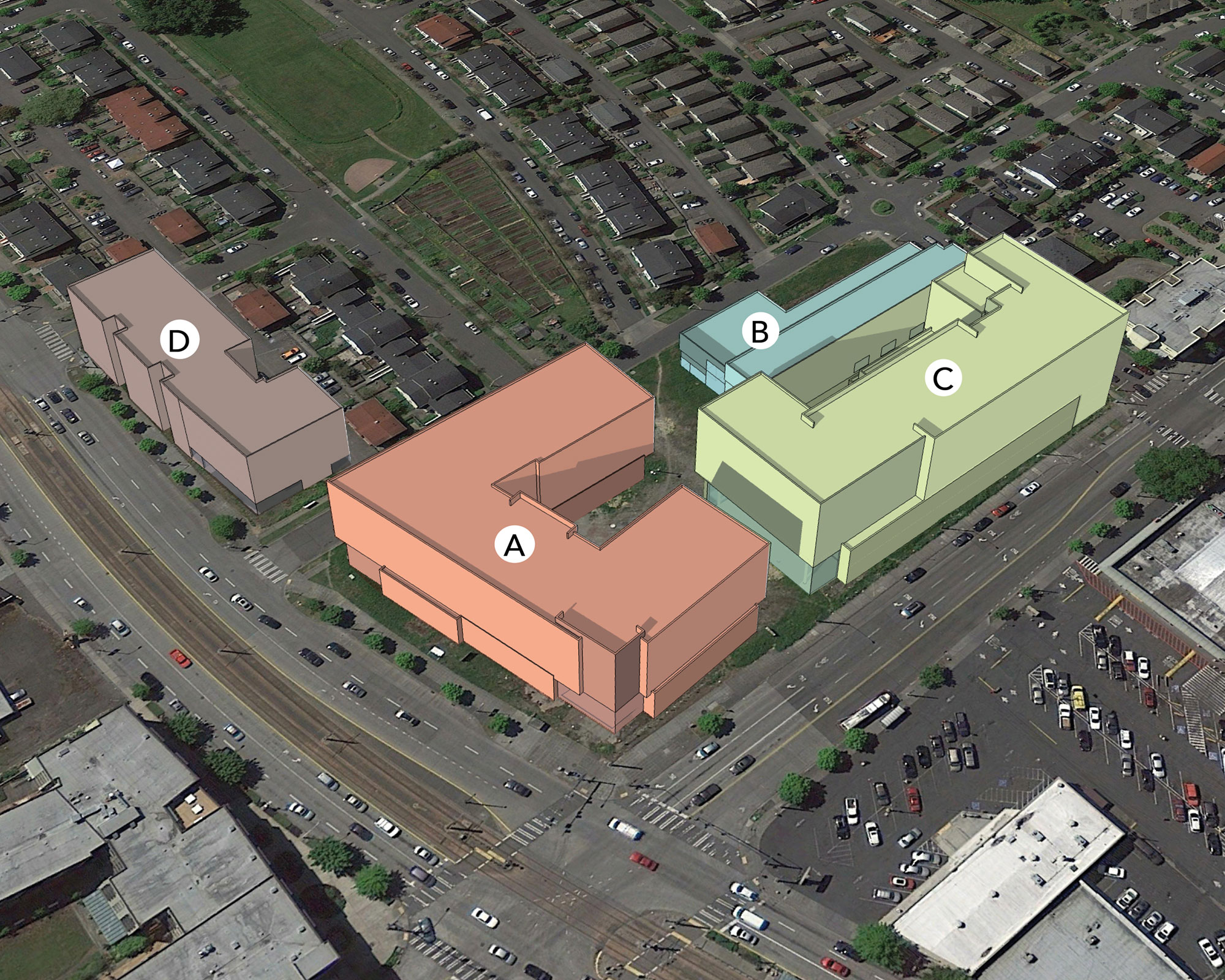 Rendering of Othello Square with the four buildings labeled
