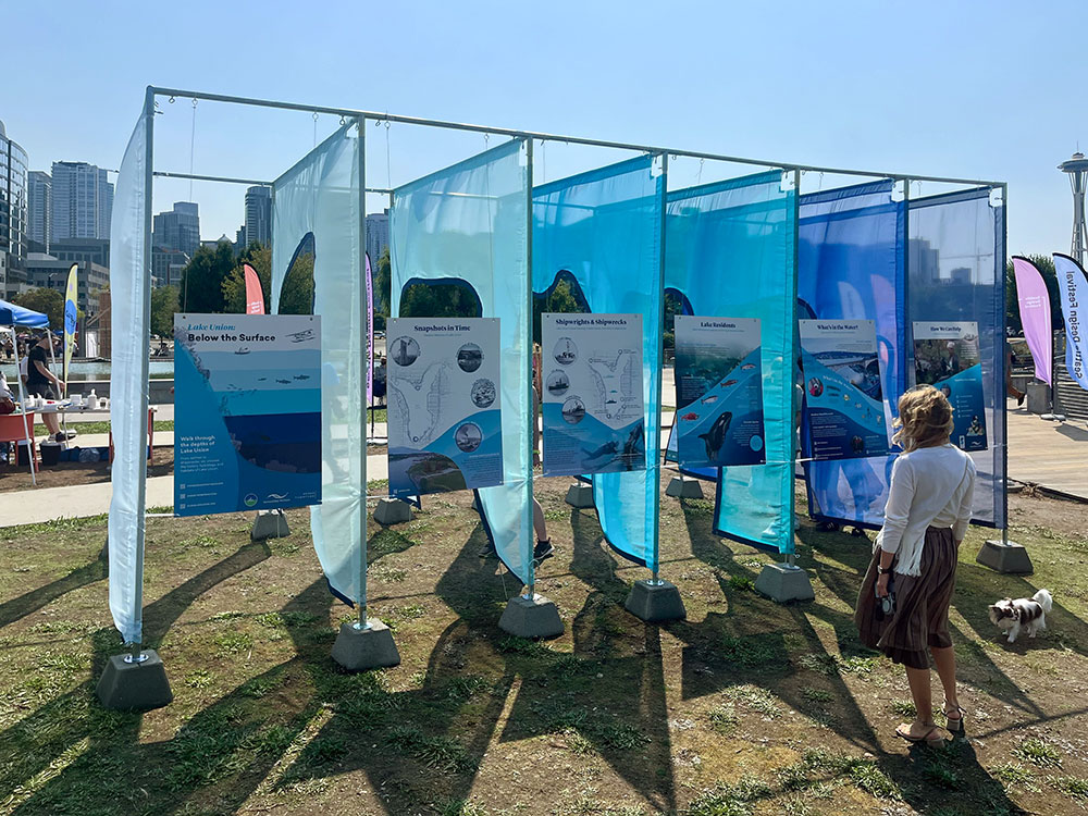 Photo of a woman reading the informational boards at the 'Below the Surface' installation