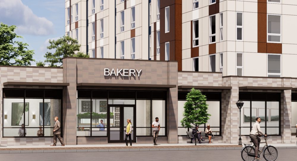 Cropped rendering showing the ground level retail