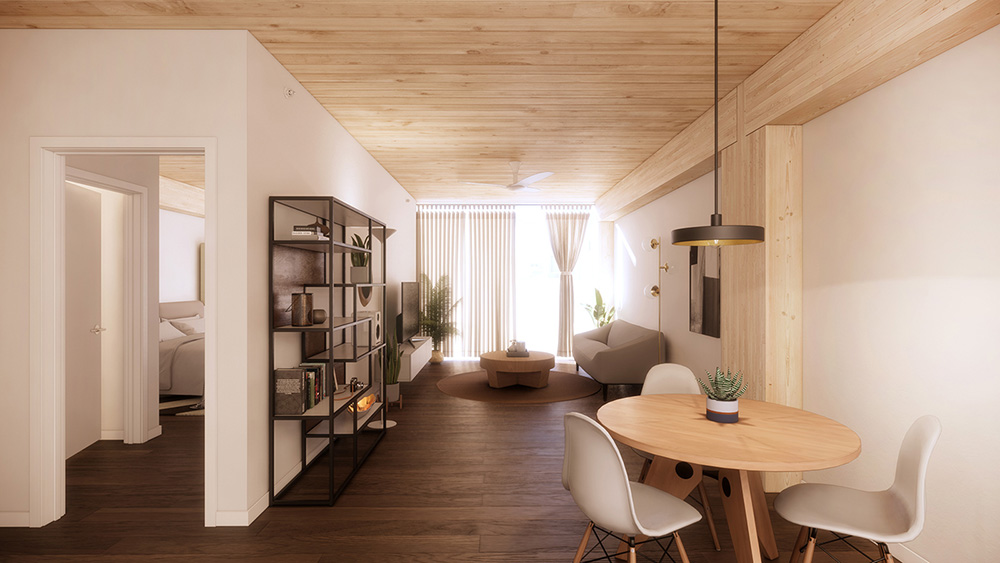 Rendering of a mass timber residential interior