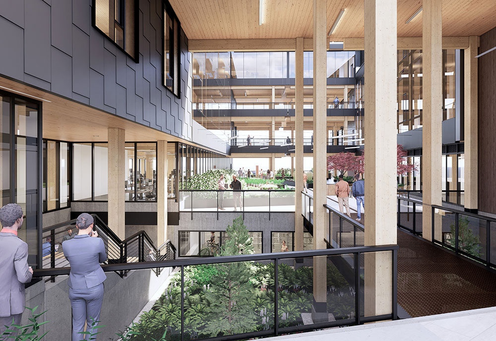 Rendering of Northlake Common mass timber lab-ready office building