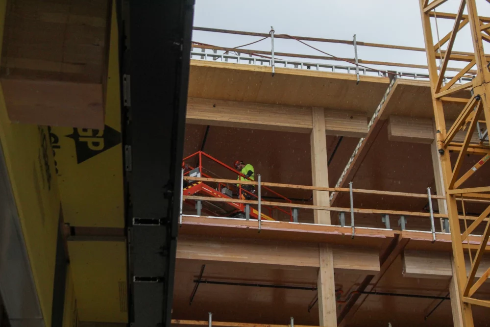 Photo of Northlake Commons while under construction looking out over Lake Union