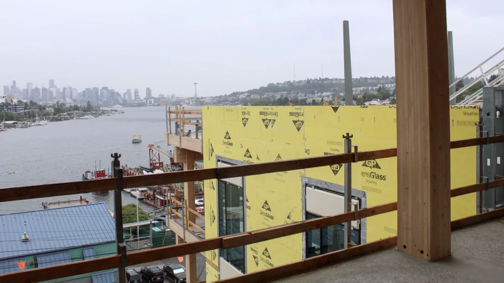 Photo of Northlake Commons while under construction looking out over Lake Union