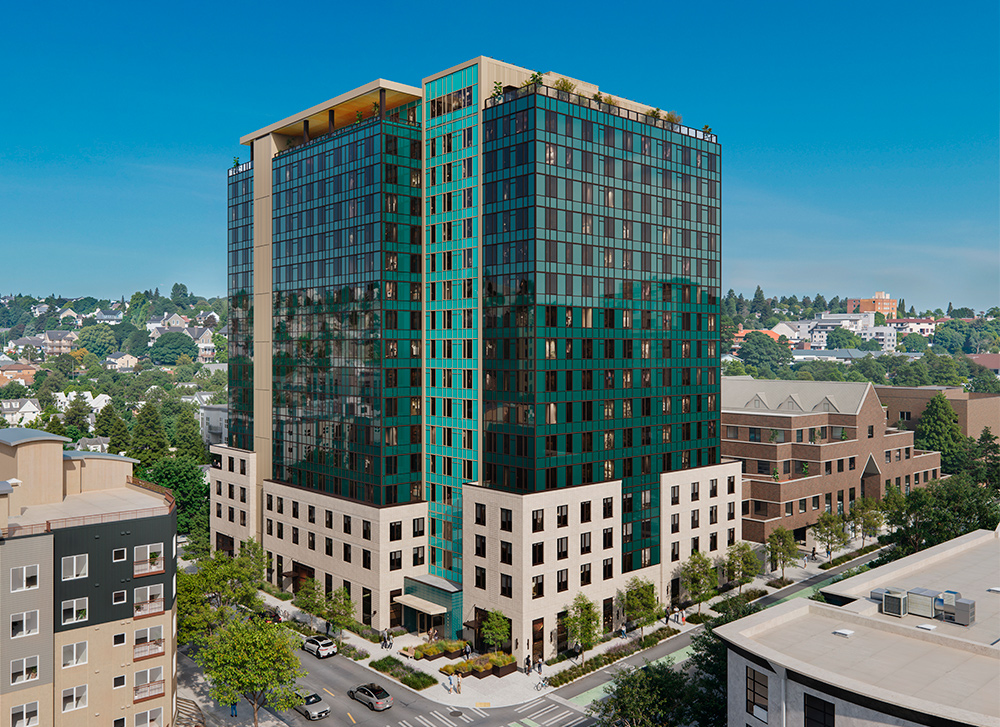 rendering of a high rise tower with a turquoise facade and a cream brick base on a sunny day
