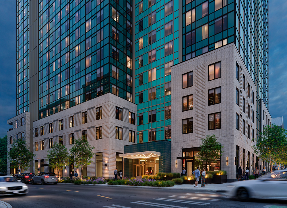 nighttime rendering showing the main entrance of the high rise