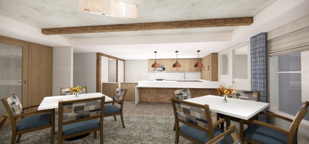 rendering of the updated activity room with welcoming greatroom with chandeliers, rustic beams, and a residential-style demonstration kitchen.