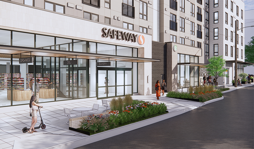 rendering of the safeway entrance at the capitol hill mixed use development