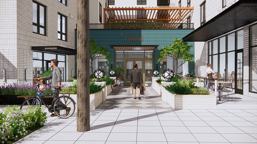 rendering of the safeway mixed use development in capitol hill seattle showing a resident walking into the front entrance