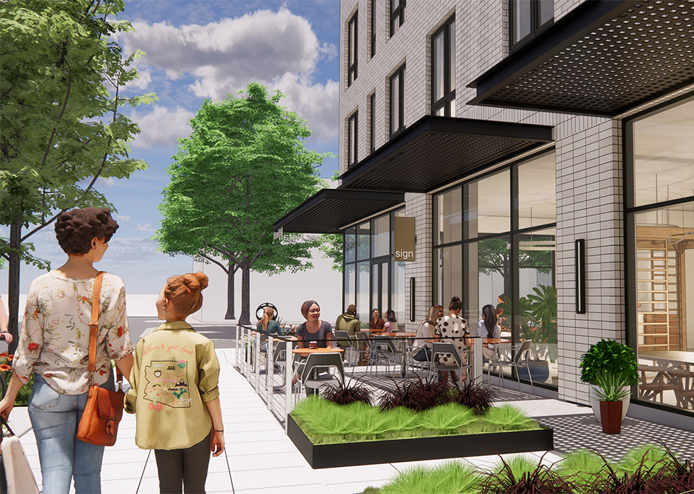 rendering of the safeway mixed use development in capitol hill seattle showing people walking down the sidewalk with a cafe on the corner with people sitting at tables