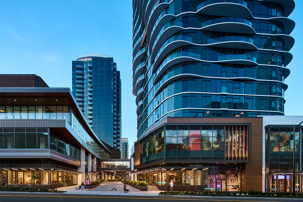photo of Avenue Bellevue at dusk with the pedestrian experience activated