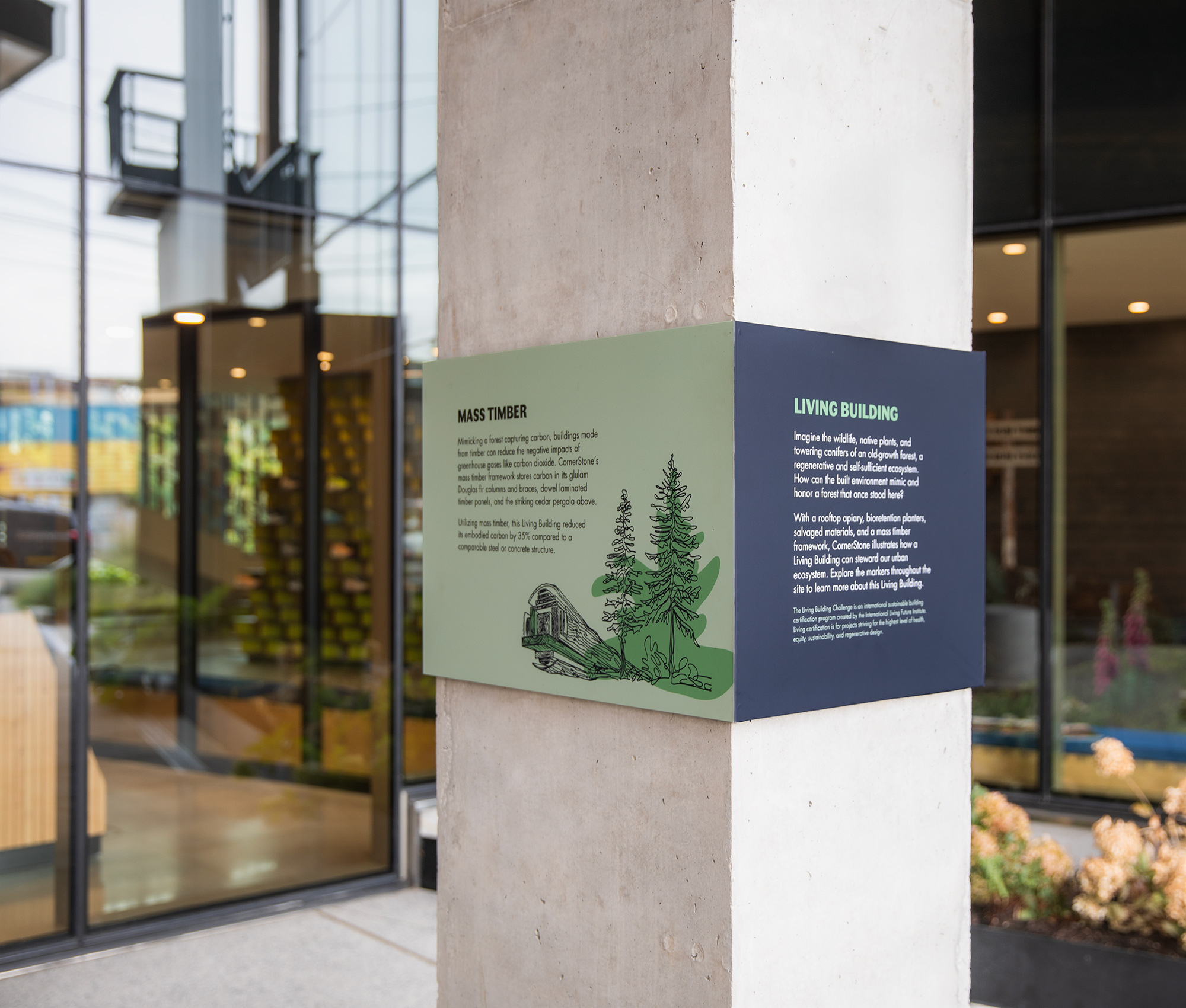 CornerStone column wrap sign describing the project's mass timber