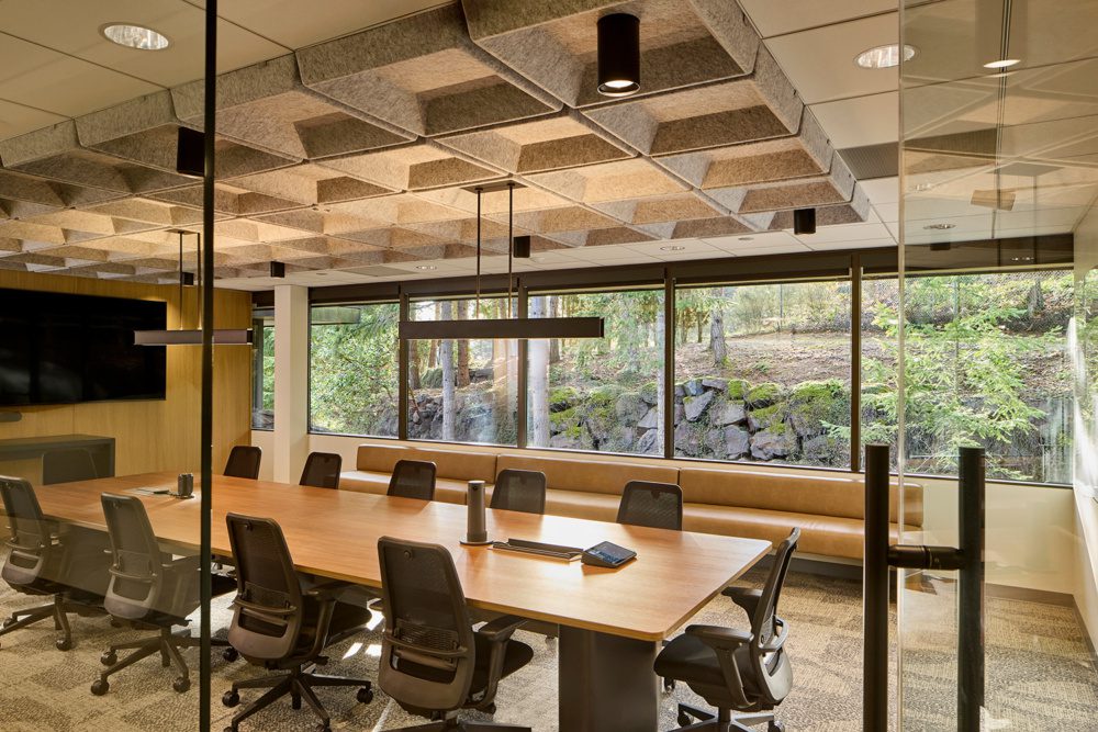 photo of a conference room at pcl's office with construction inspired lighting