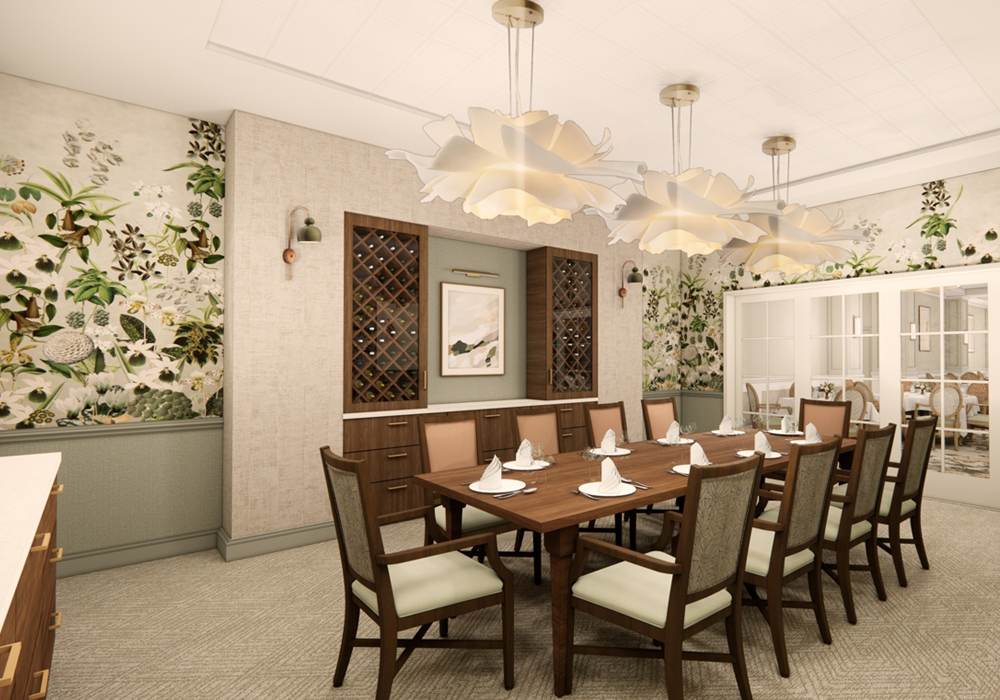rendering of the private dining room with floral inspired lighting hanging over the dining room table