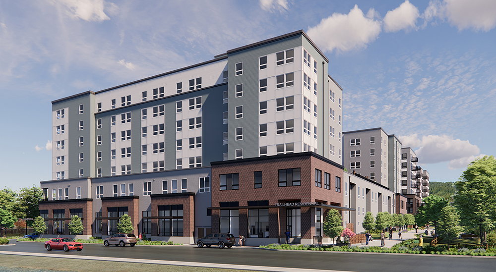 rendering of trailhead apartments at street view level on a sunny day
