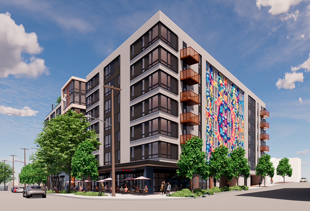 rendering of Holland Fremont from across the street with people sitting outside